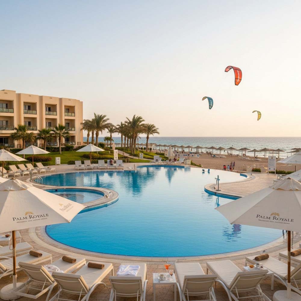 Luksusowy hotel w Soma Bay z basenem i plażą, idealny do relaksu i nauki kitesurfingu.