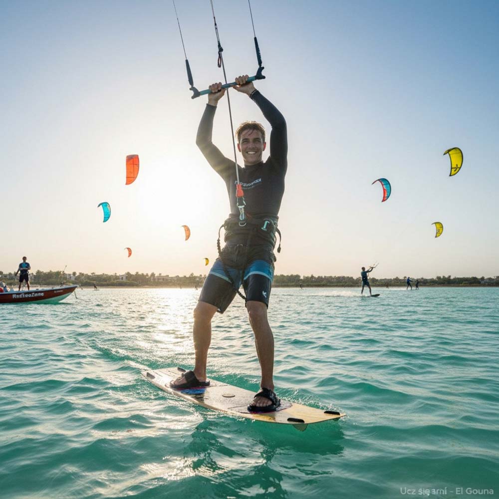Kursant kitesurfingu na turkusowej wodzie z szerokim uśmiechem podczas pierwszego ślizgu w Egipcie, symbolizujący radość i sukces.